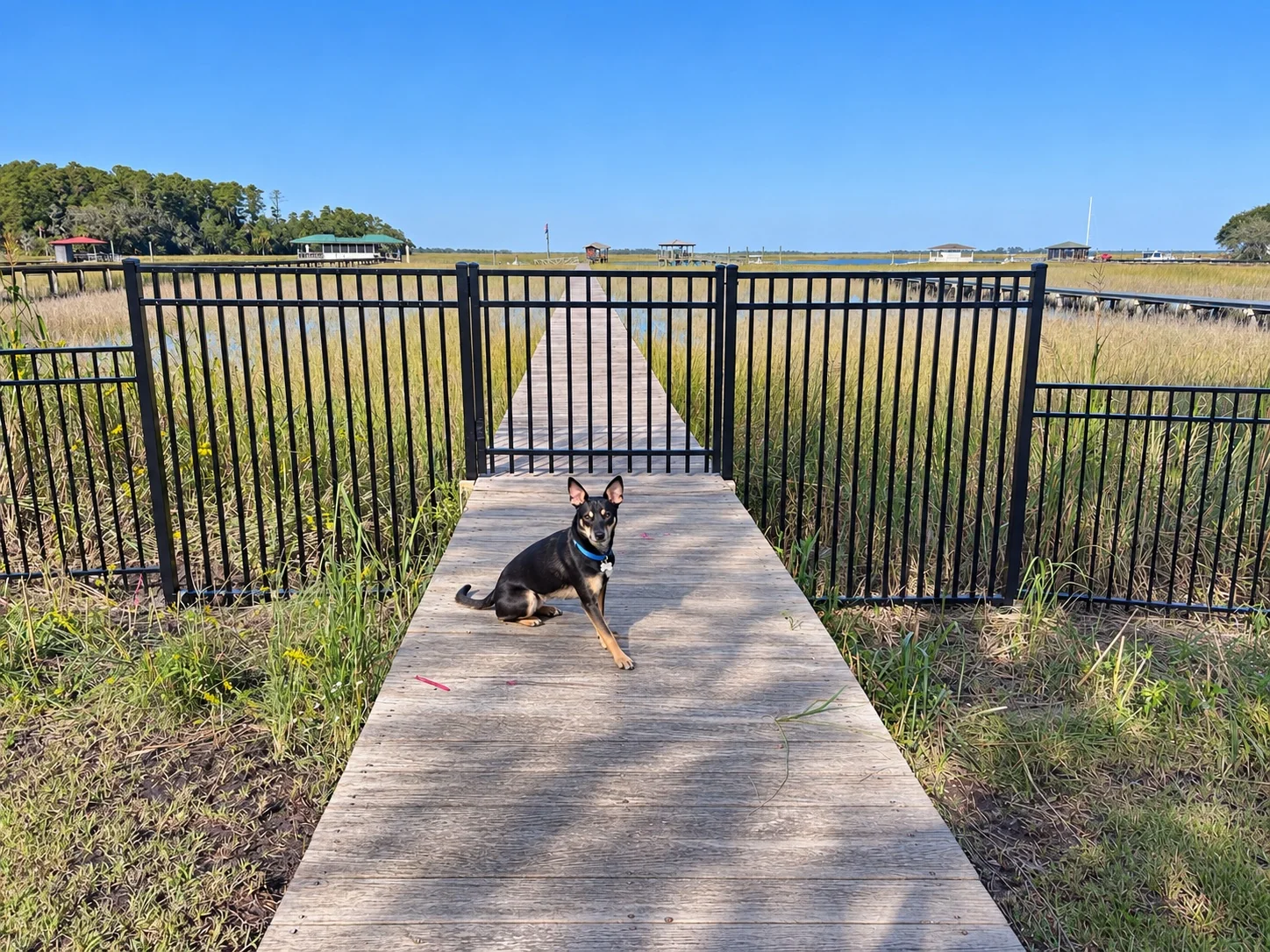 Walk-through gate on a wooden dock boardwalk with one dog, and a black aluminum picket fence along the marsh, on Whitemarsh Island in Savannah, Georgia