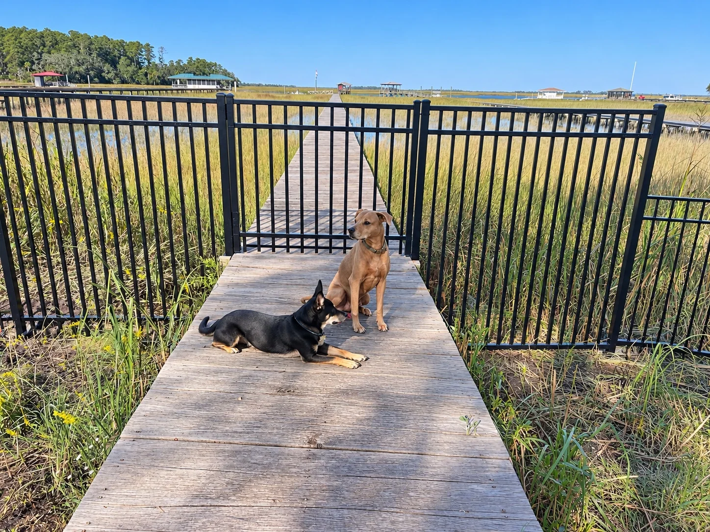 Walk-through gate on a wooden dock boardwalk with two dogs, and a black aluminum picket fence along the marsh, on Whitemarsh Island in Savannah, Georgia